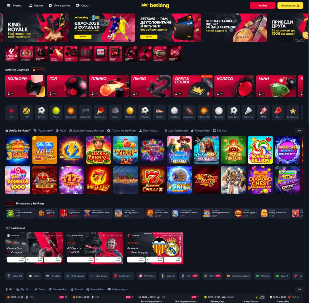 Скріншот лобі Betking Casino з розділами слотів, live-ігор та бонусів