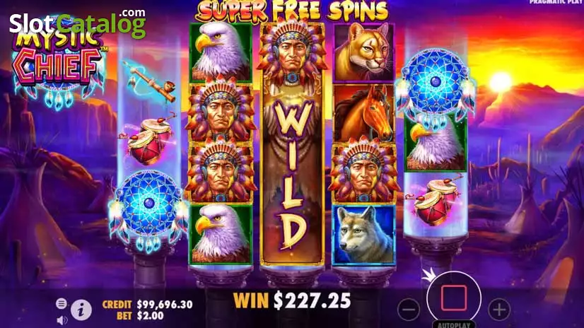 alt Скріншот слоту Mystic Chief від Pragmatic Play з нічним табором і Wild-символами