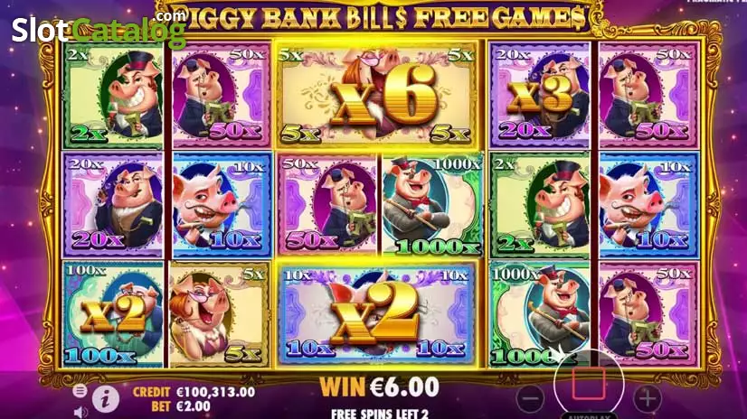 alt Скрін слоту Piggy Bank Bills з банкнотами та ігровим полем 6x3